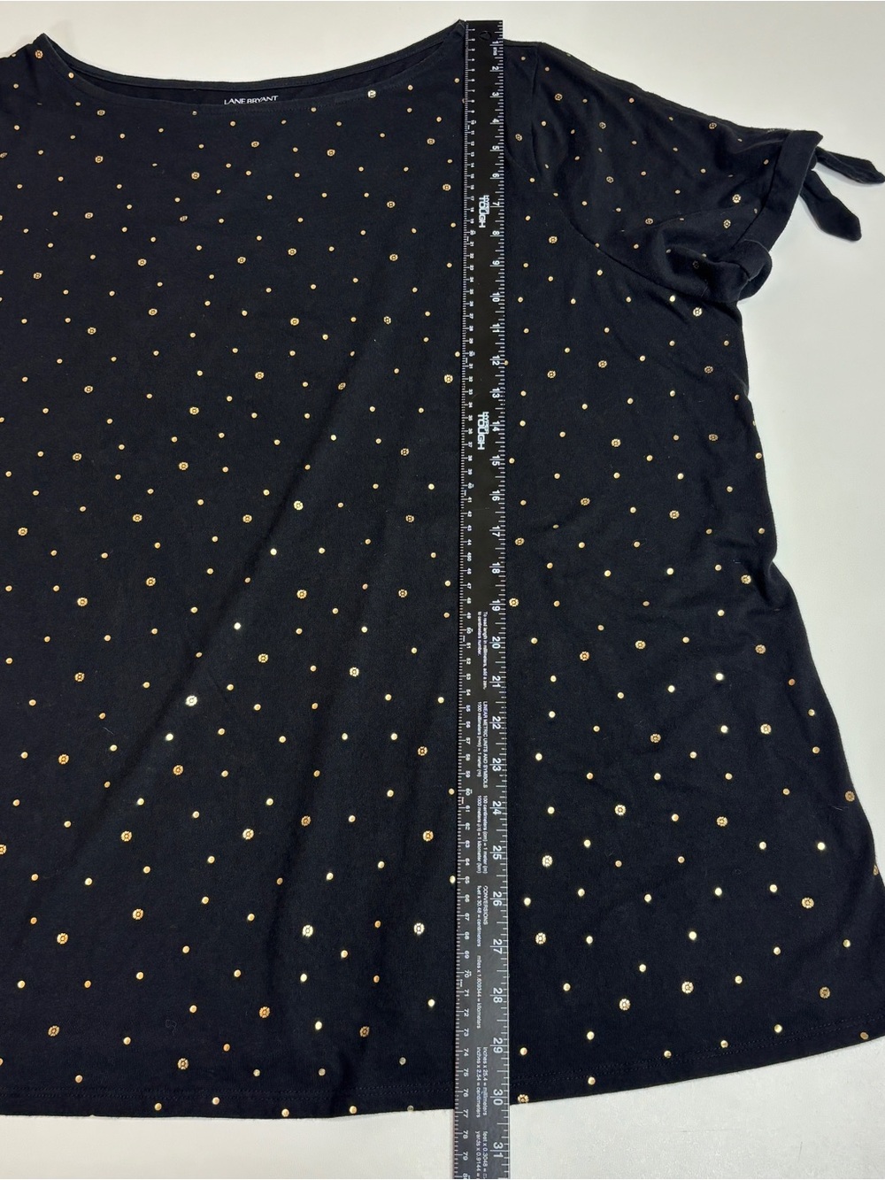 Lane Bryant 26/28 Black Metallic Gold Polka Dot Tie Sleeve Top Plus Size - Picture 7 of 8